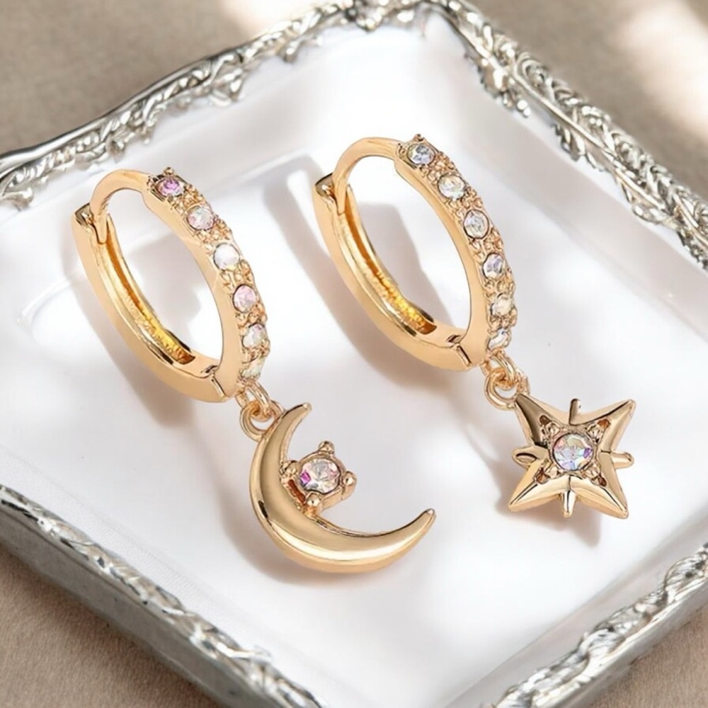 CZ star and moon huggie hoop 18k gold plated earrings. New.